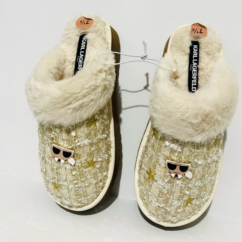 Karl LAGERFELD Cozy Cream Faux-Fur Tweed Platform Slippers